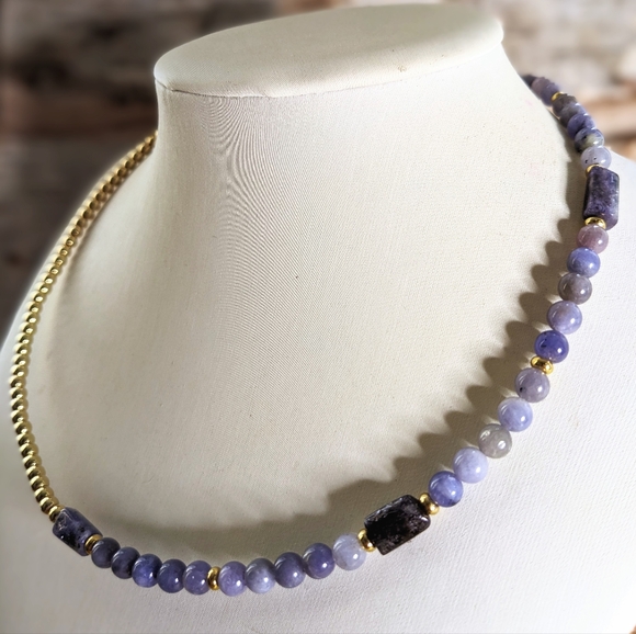 Natural Tanzanite & Gold Ball Beads In Assymetrical Choker/Necklace - Picture 2 of 8